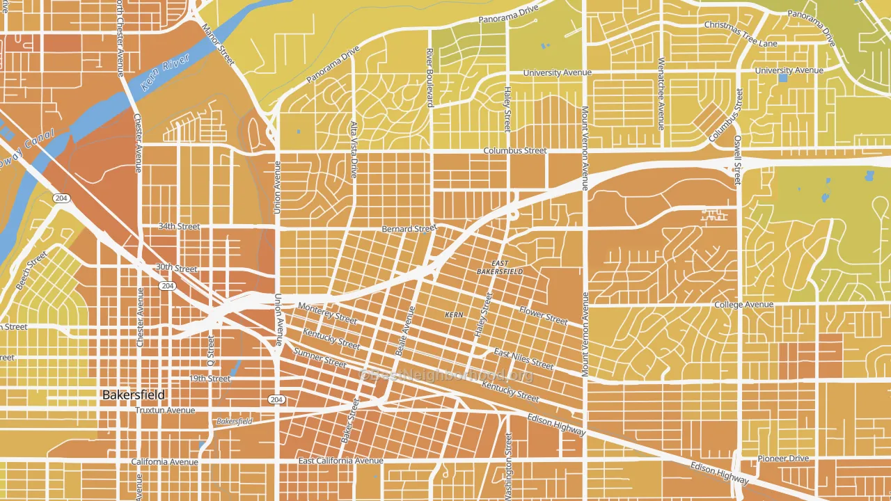 Map of the best neighborhoods in the 93305 area, with better matches in green and worse matches in red