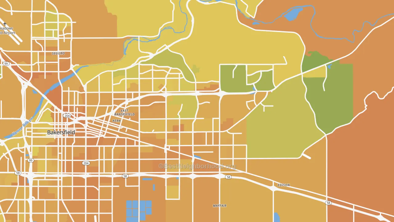 Map of the best neighborhoods in the 93306 area, with better matches in green and worse matches in red