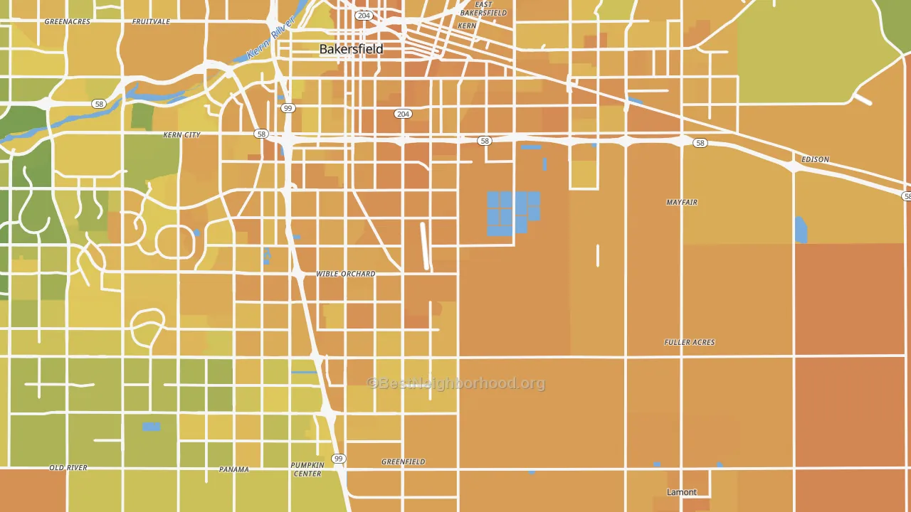 Map of the best neighborhoods in the 93307 area, with better matches in green and worse matches in red