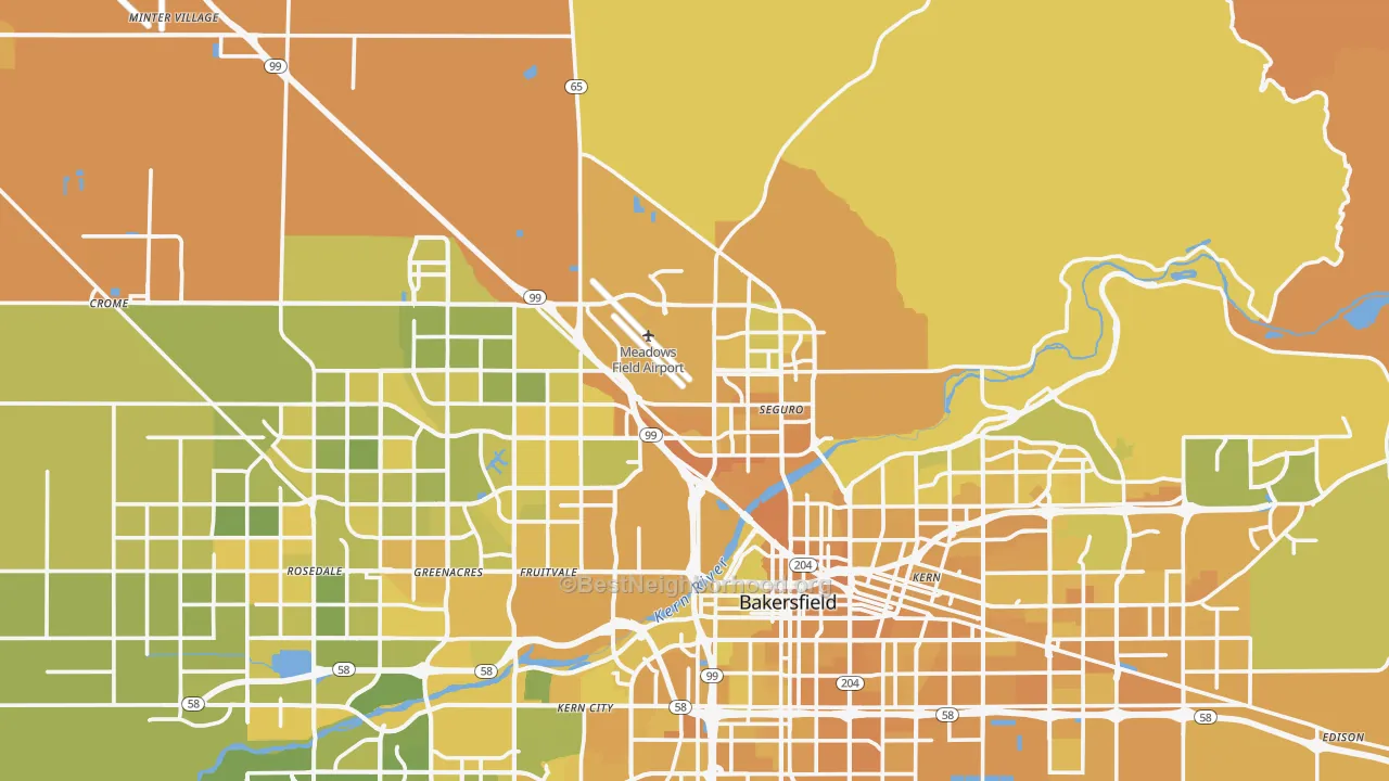 Map of the best neighborhoods in the 93308 area, with better matches in green and worse matches in red