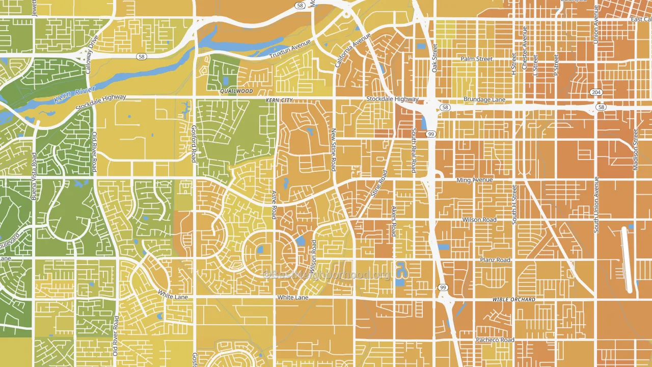 Map of the best neighborhoods in the 93309 area, with better matches in green and worse matches in red