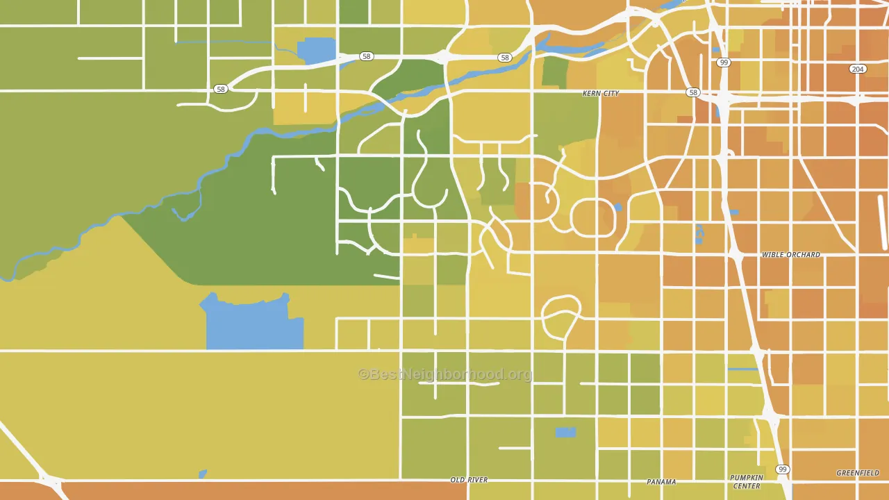 Map of the best neighborhoods in the 93311 area, with better matches in green and worse matches in red