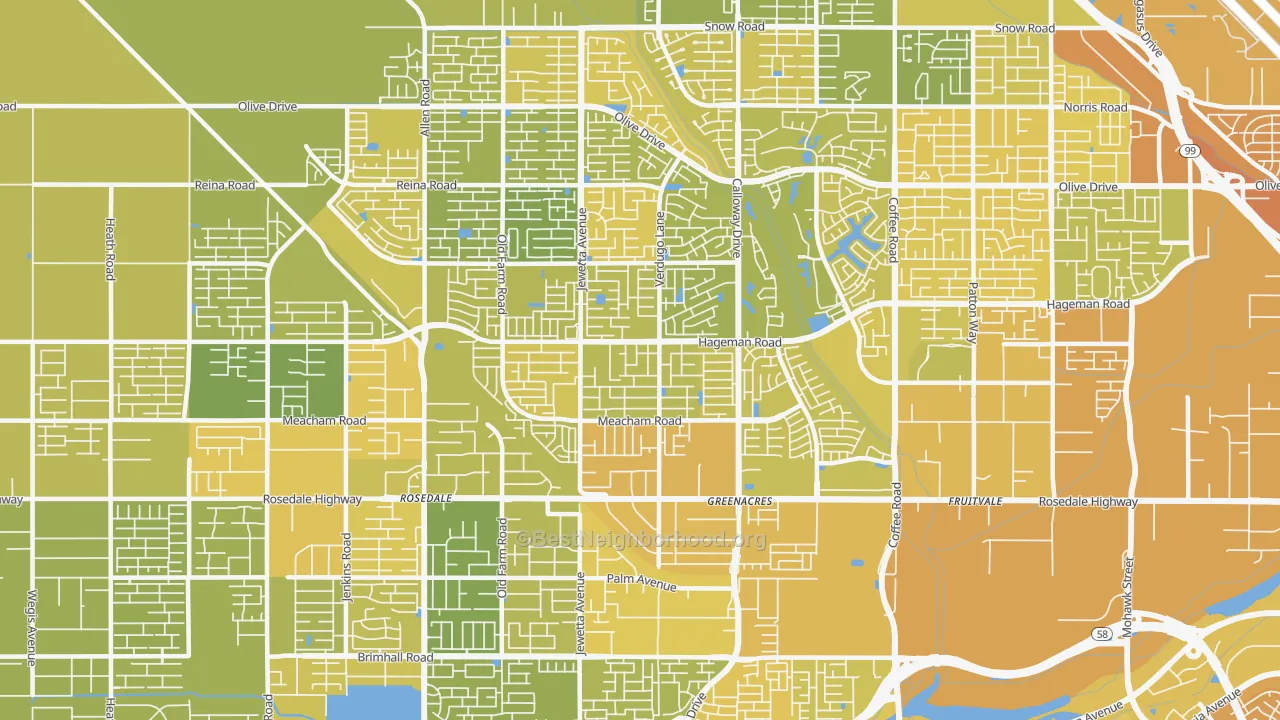 Map of the best neighborhoods in the 93312 area, with better matches in green and worse matches in red