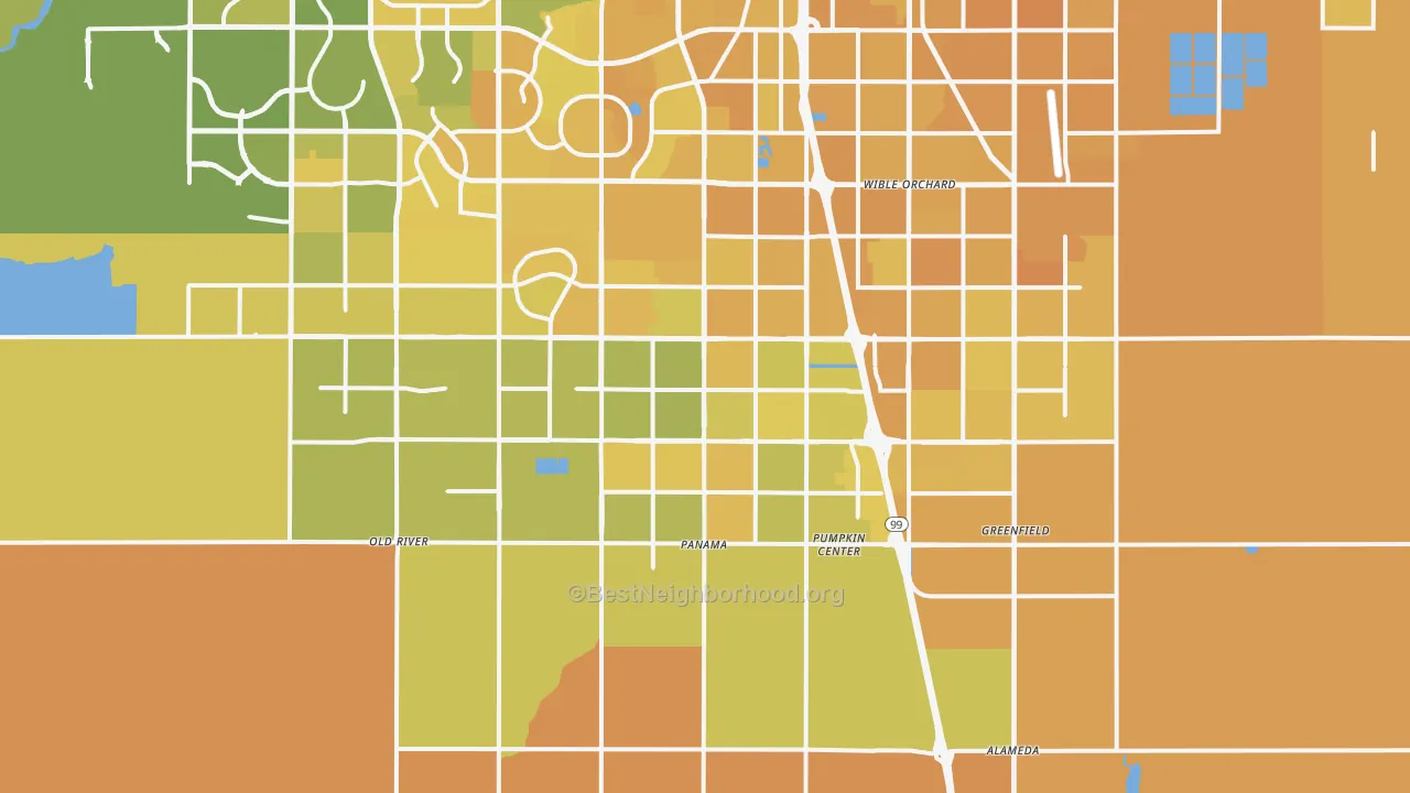Map of the best neighborhoods in the 93313 area, with better matches in green and worse matches in red