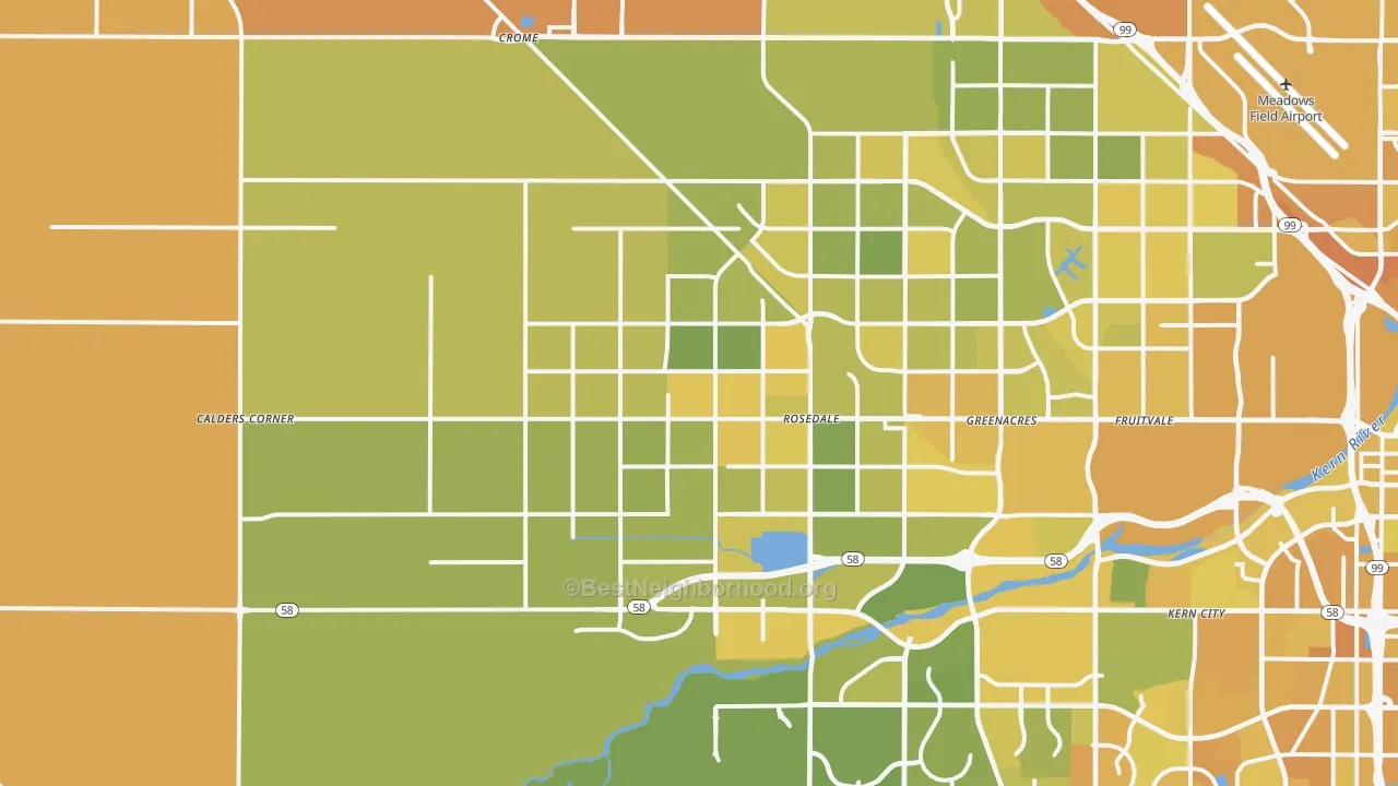 Map of the best neighborhoods in the 93314 area, with better matches in green and worse matches in red