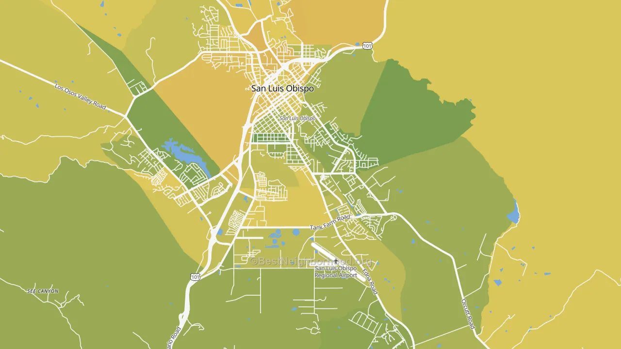 Map of the best neighborhoods in the 93401 area, with better matches in green and worse matches in red
