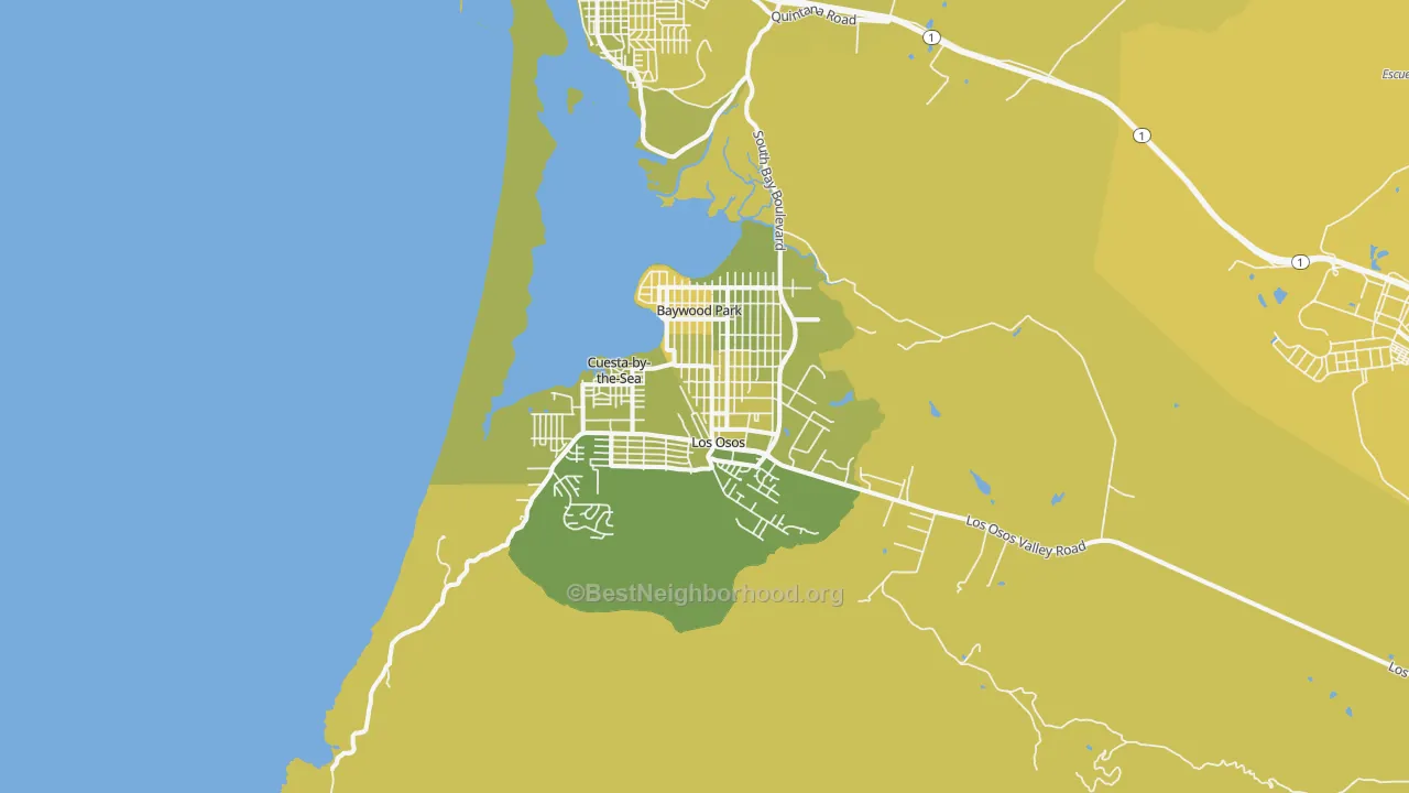 Map of the best neighborhoods in the 93402 area, with better matches in green and worse matches in red