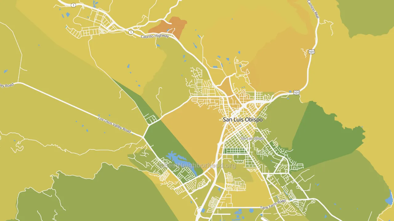 Map of the best neighborhoods in the 93405 area, with better matches in green and worse matches in red