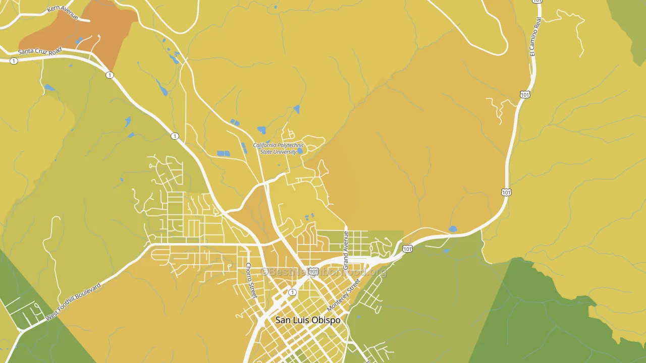 Map of the best neighborhoods in the 93407 area, with better matches in green and worse matches in red