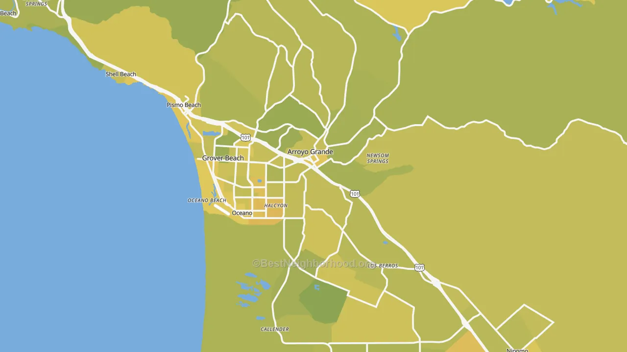 Map of the best neighborhoods in the 93420 area, with better matches in green and worse matches in red