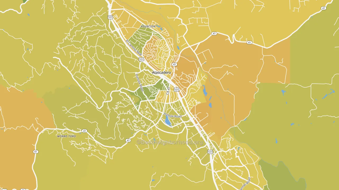 Map of the best neighborhoods in the 93422 area, with better matches in green and worse matches in red