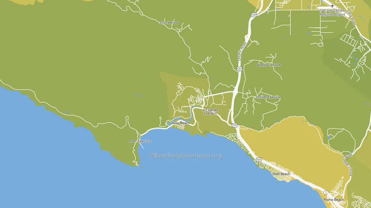 Map of the best neighborhoods in the 93424 area, with better matches in green and worse matches in red
