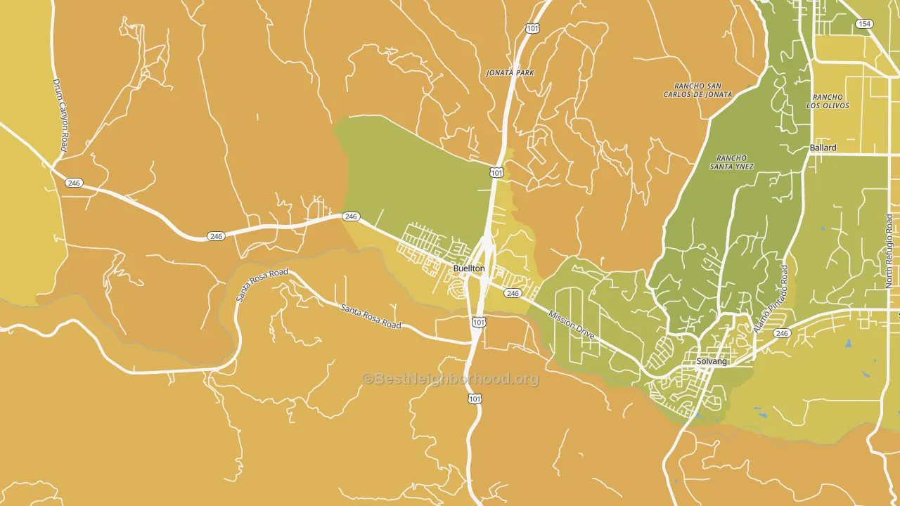 Map of the best neighborhoods in the 93427 area, with better matches in green and worse matches in red