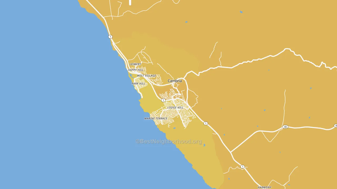 Map of the best neighborhoods in the 93428 area, with better matches in green and worse matches in red