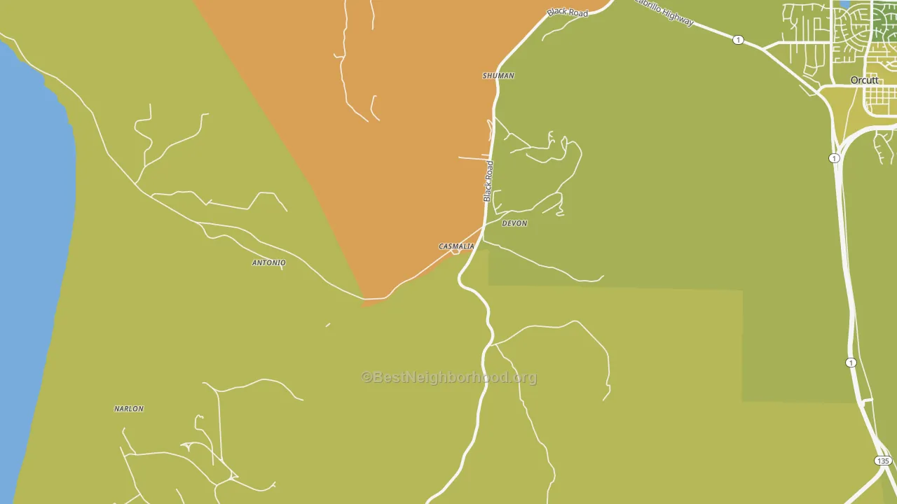 Map of the best neighborhoods in the 93429 area, with better matches in green and worse matches in red