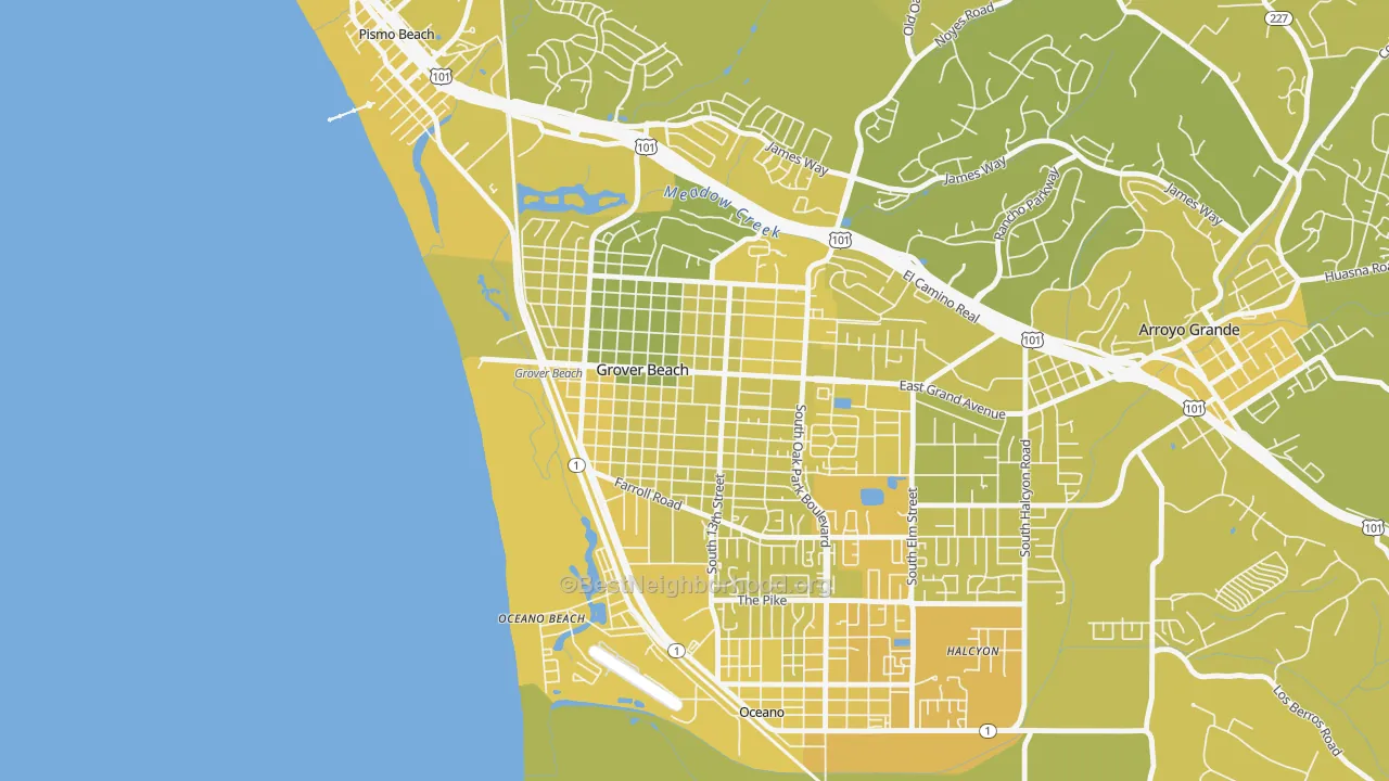 Map of the best neighborhoods in the 93433 area, with better matches in green and worse matches in red