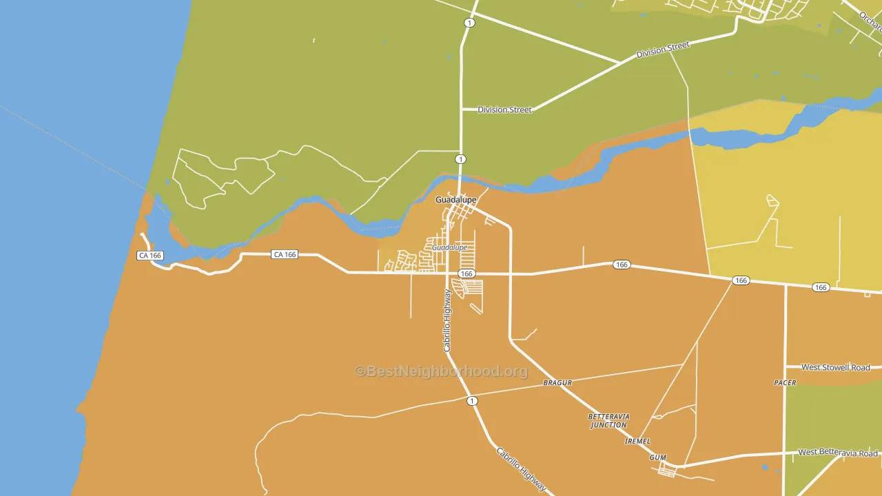 Map of the best neighborhoods in the 93434 area, with better matches in green and worse matches in red