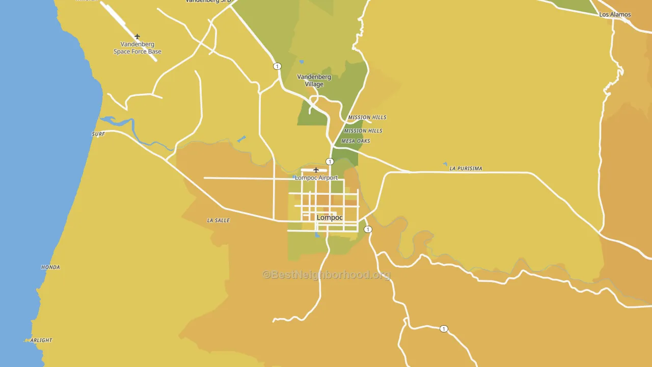 Map of the best neighborhoods in the 93436 area, with better matches in green and worse matches in red