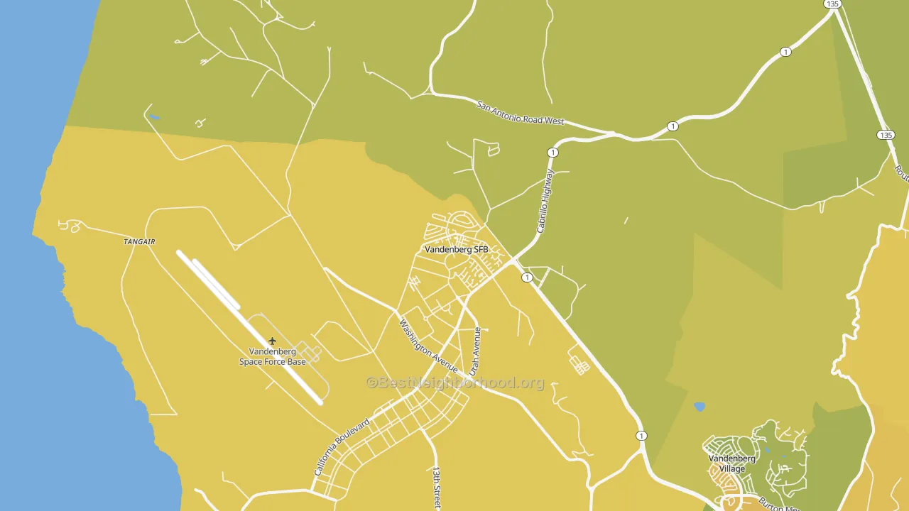 Map of the best neighborhoods in the 93437 area, with better matches in green and worse matches in red