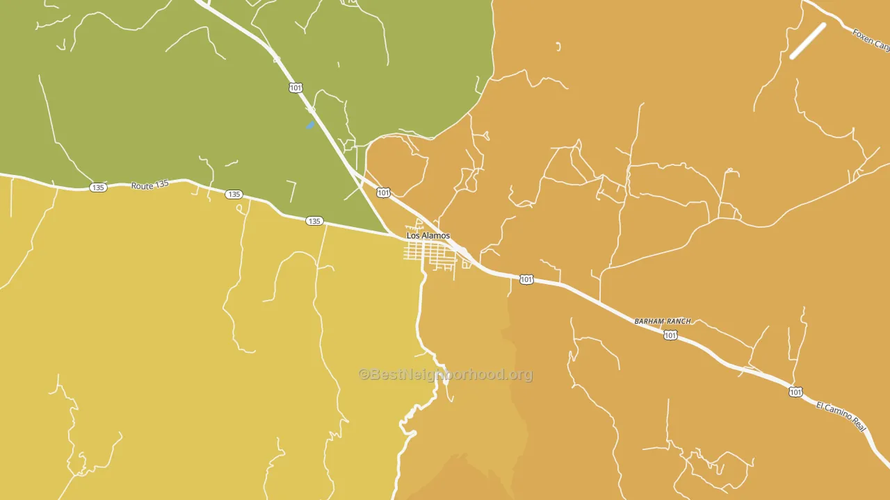 Map of the best neighborhoods in the 93440 area, with better matches in green and worse matches in red