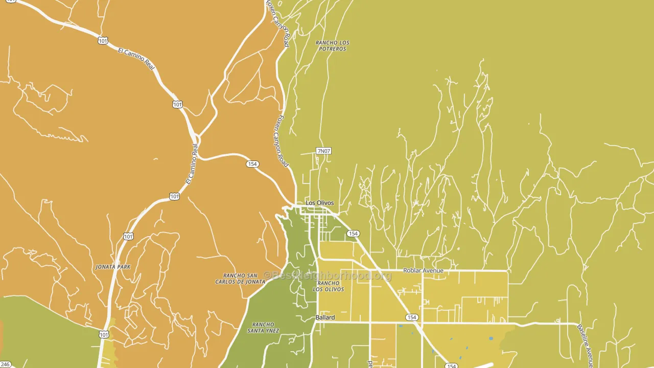 Map of the best neighborhoods in the 93441 area, with better matches in green and worse matches in red