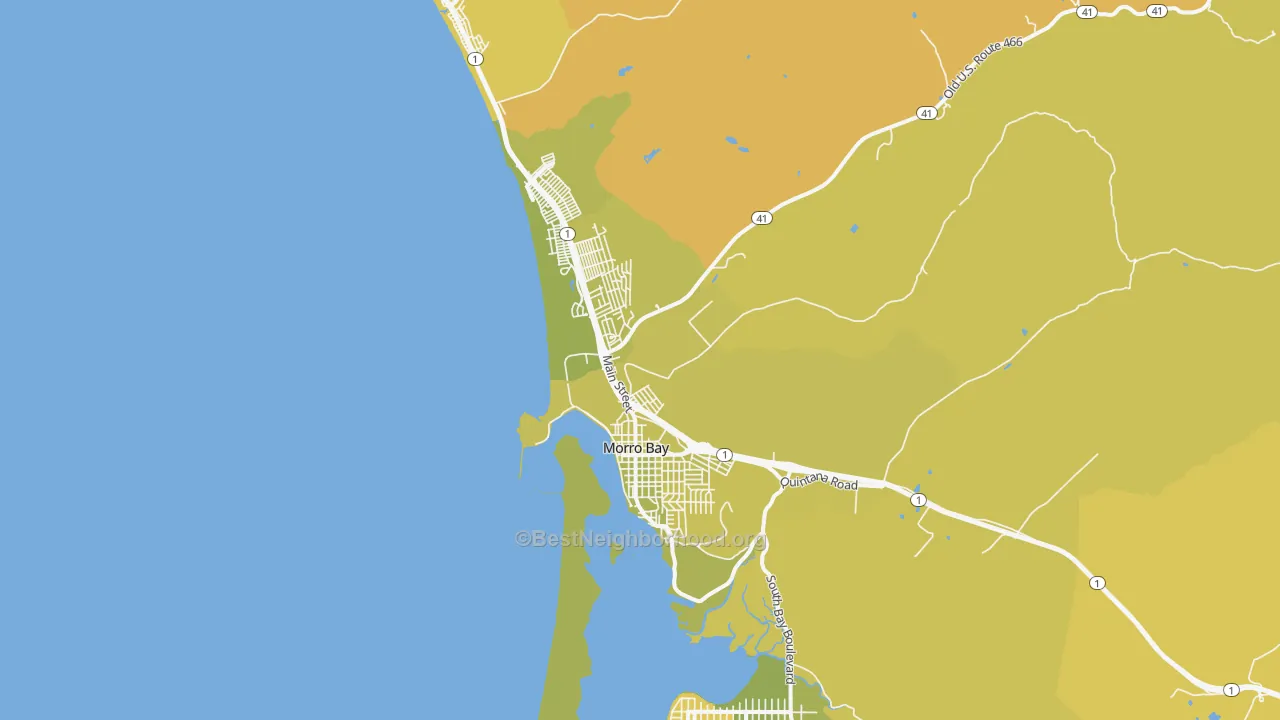 Map of the best neighborhoods in the 93442 area, with better matches in green and worse matches in red
