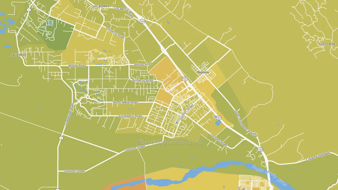 Map of the best neighborhoods in the 93444 area, with better matches in green and worse matches in red