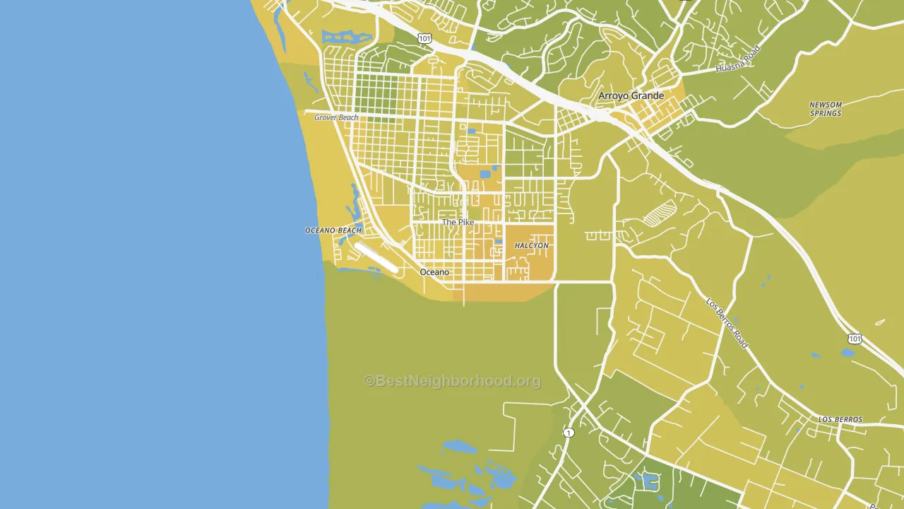 Map of the best neighborhoods in the 93445 area, with better matches in green and worse matches in red
