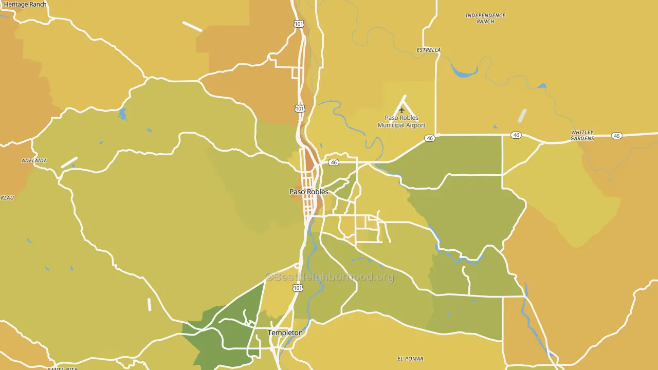 Map of the best neighborhoods in the 93446 area, with better matches in green and worse matches in red