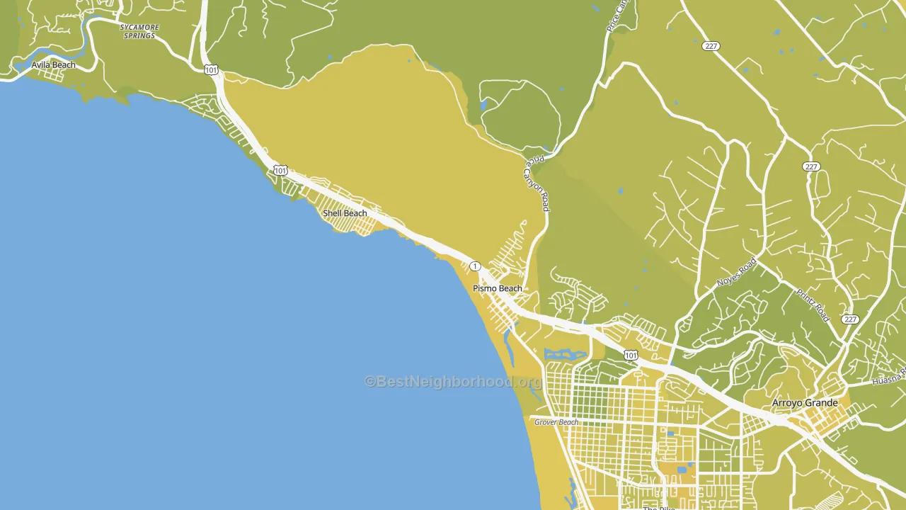 Map of the best neighborhoods in the 93449 area, with better matches in green and worse matches in red