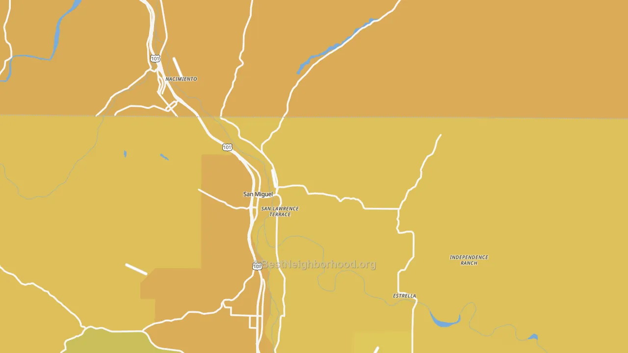 Map of the best neighborhoods in the 93451 area, with better matches in green and worse matches in red
