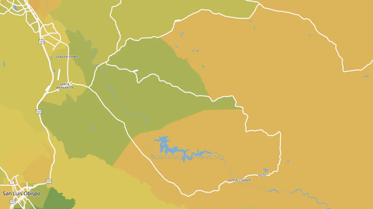 Map of the best neighborhoods in the 93453 area, with better matches in green and worse matches in red
