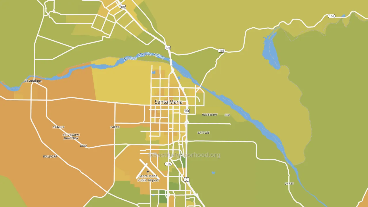 Map of the best neighborhoods in the 93454 area, with better matches in green and worse matches in red