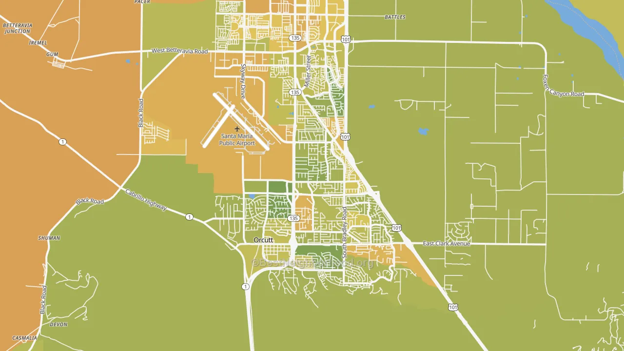 Map of the best neighborhoods in the 93455 area, with better matches in green and worse matches in red
