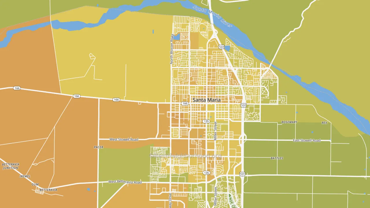 Map of the best neighborhoods in the 93458 area, with better matches in green and worse matches in red