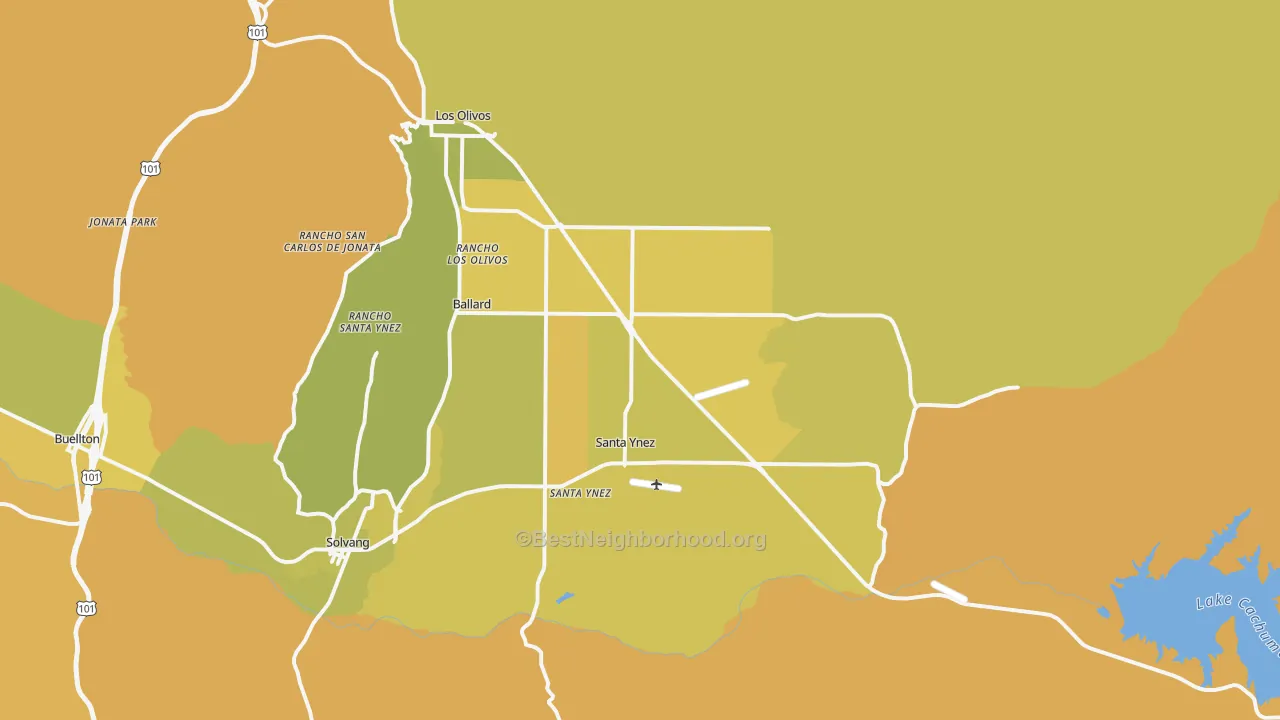 Map of the best neighborhoods in the 93460 area, with better matches in green and worse matches in red