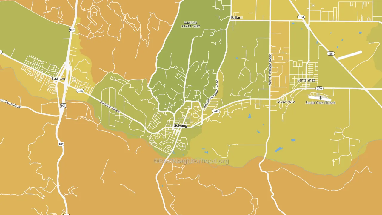 Map of the best neighborhoods in the 93463 area, with better matches in green and worse matches in red