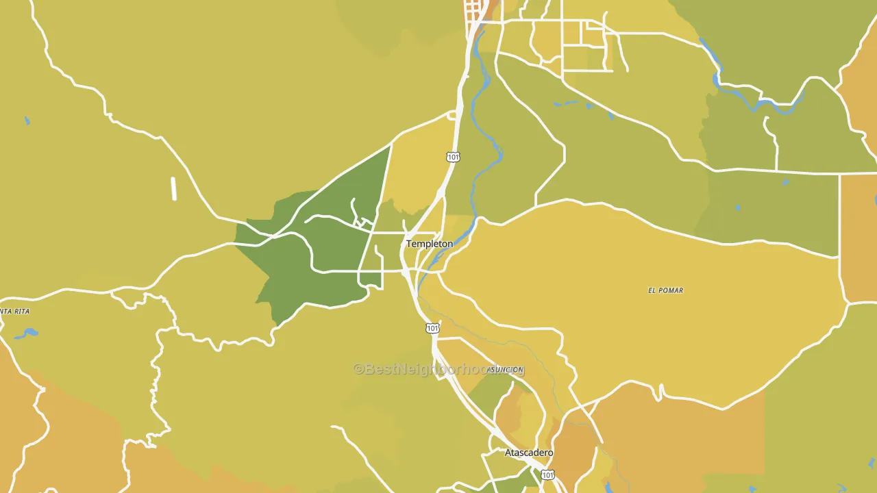 Map of the best neighborhoods in the 93465 area, with better matches in green and worse matches in red