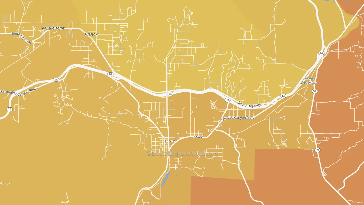 Map of the best neighborhoods in the 93510 area, with better matches in green and worse matches in red