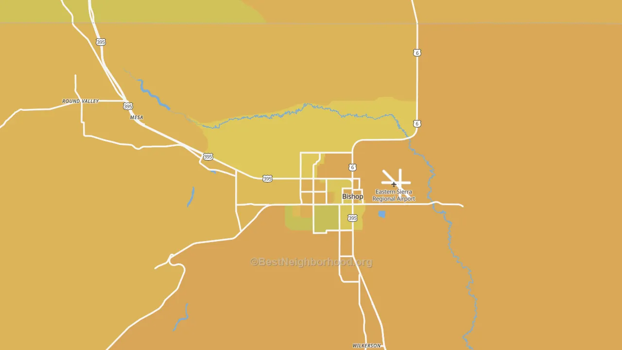 Map of the best neighborhoods in the 93514 area, with better matches in green and worse matches in red