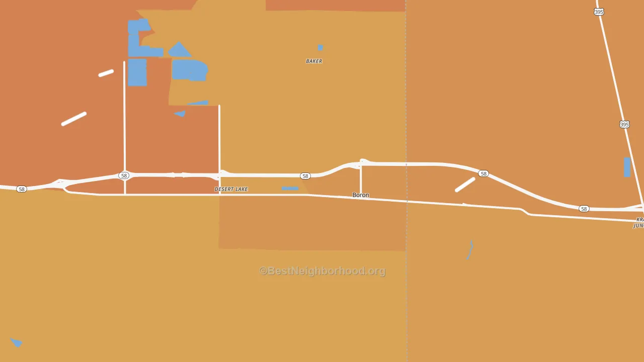 Map of the best neighborhoods in the 93516 area, with better matches in green and worse matches in red
