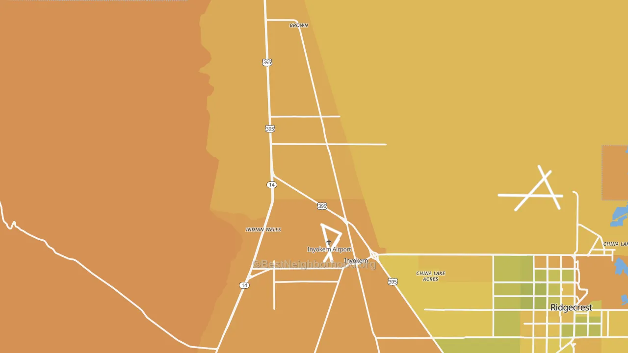 Map of the best neighborhoods in the 93527 area, with better matches in green and worse matches in red