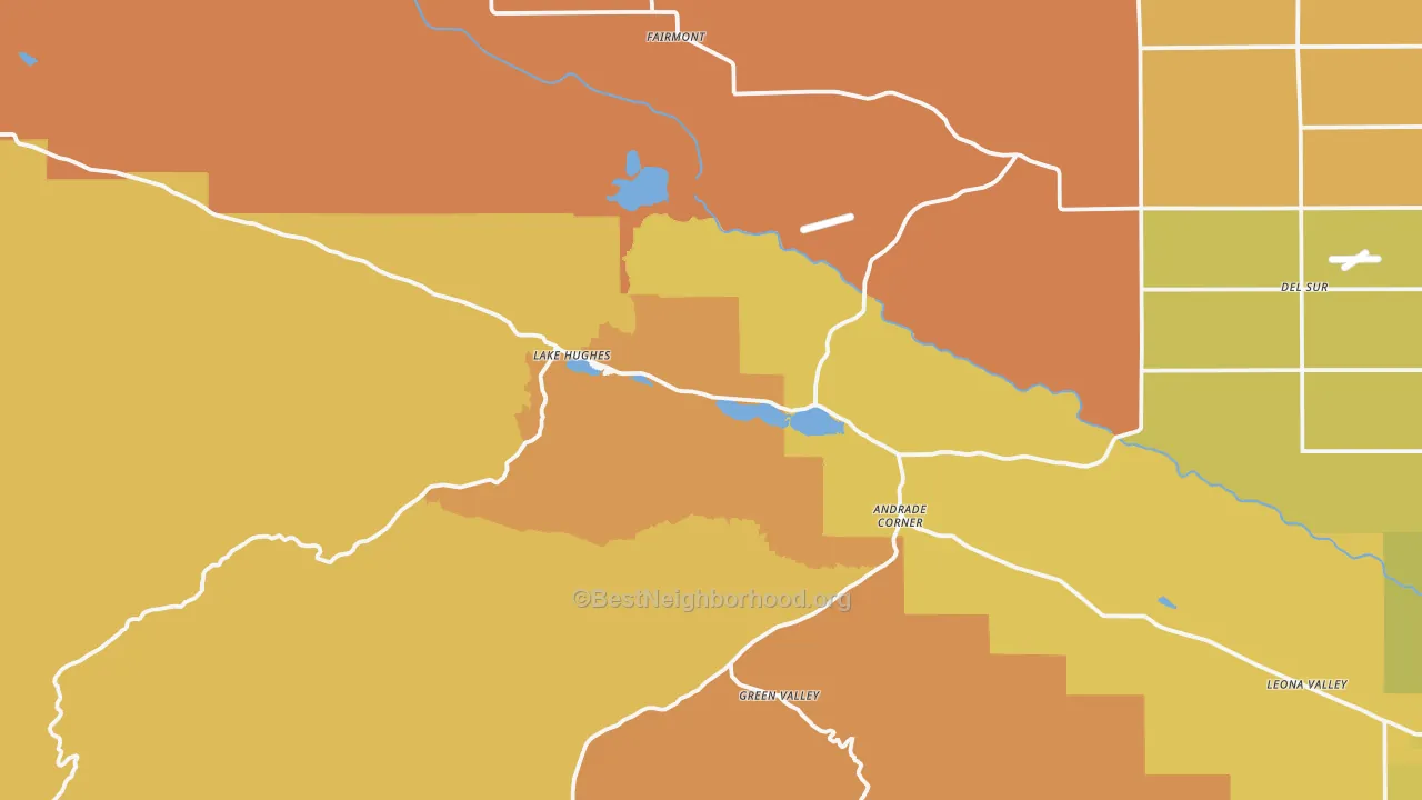 Map of the best neighborhoods in the 93532 area, with better matches in green and worse matches in red