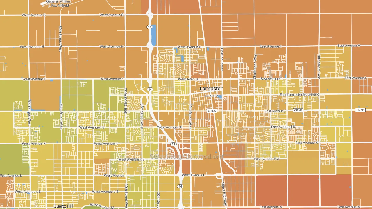 Map of the best neighborhoods in the 93534 area, with better matches in green and worse matches in red