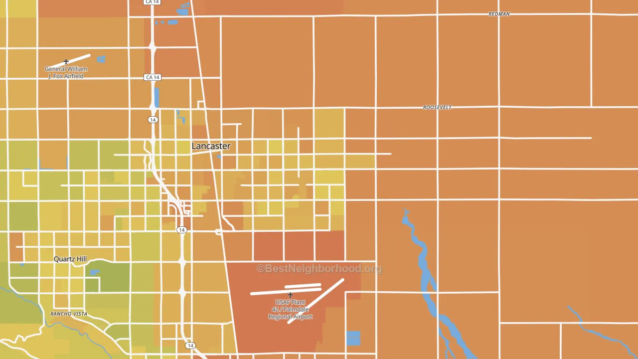 Map of the best neighborhoods in the 93535 area, with better matches in green and worse matches in red