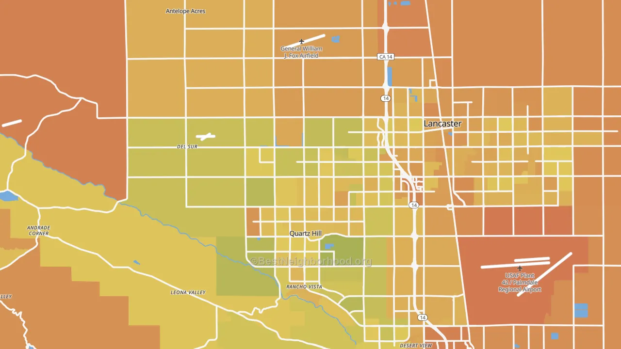 Map of the best neighborhoods in the 93536 area, with better matches in green and worse matches in red