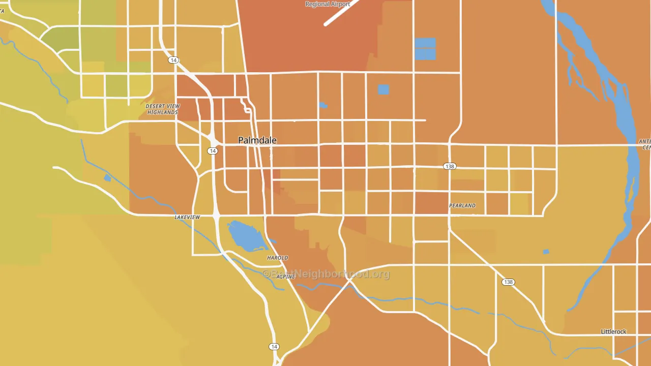 Map of the best neighborhoods in the 93550 area, with better matches in green and worse matches in red