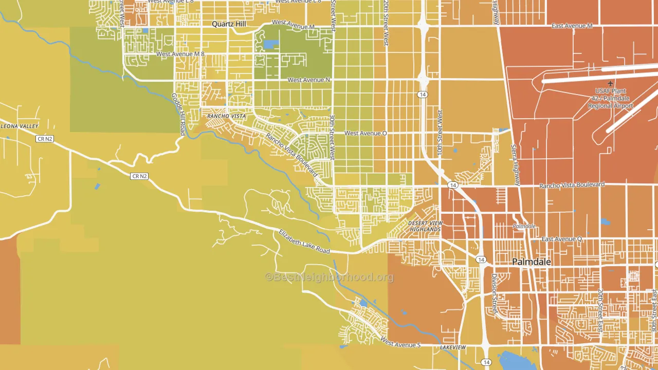 Map of the best neighborhoods in the 93551 area, with better matches in green and worse matches in red