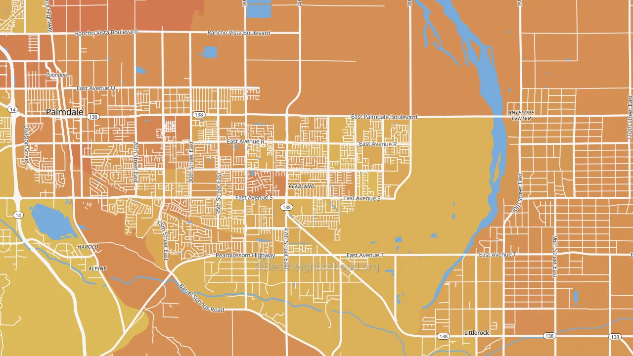 Map of the best neighborhoods in the 93552 area, with better matches in green and worse matches in red