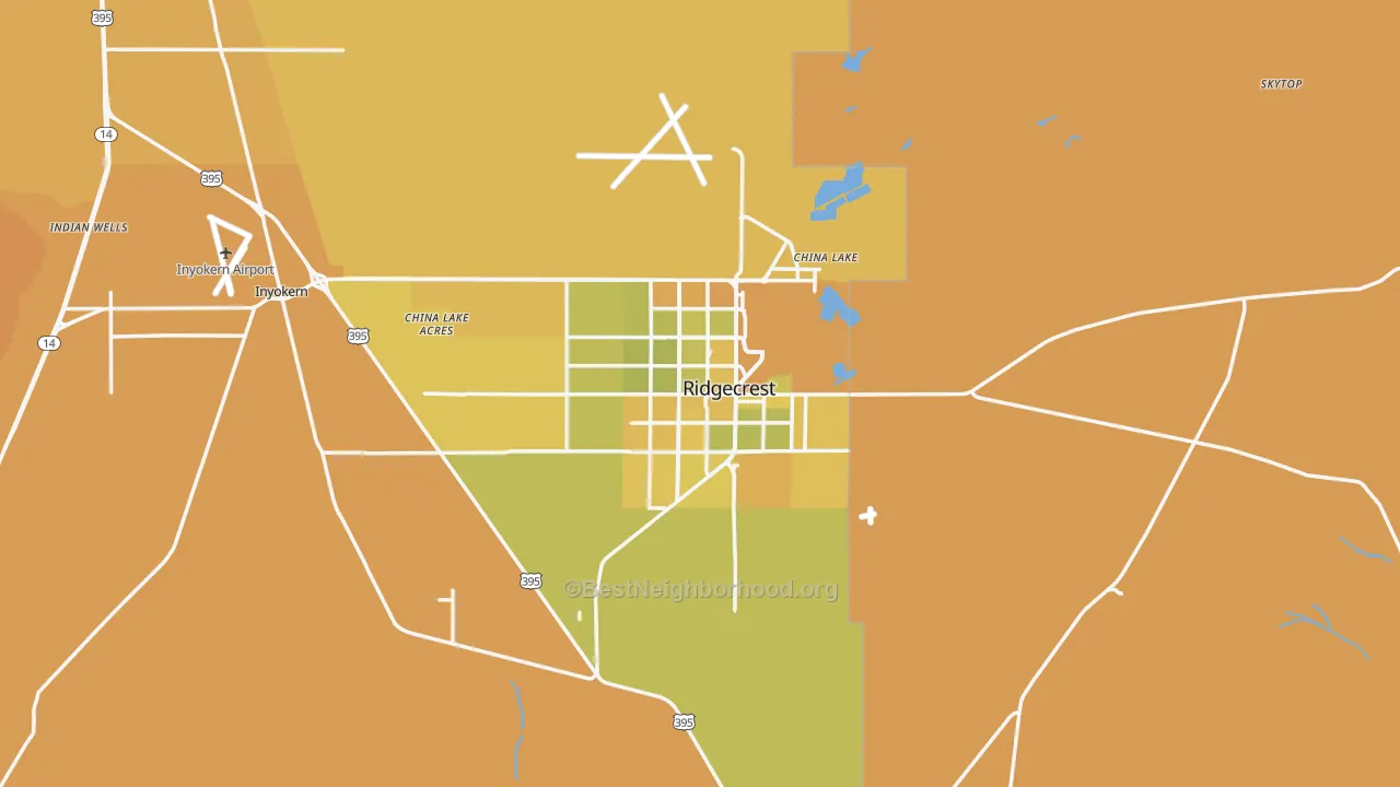 Map of the best neighborhoods in the 93555 area, with better matches in green and worse matches in red